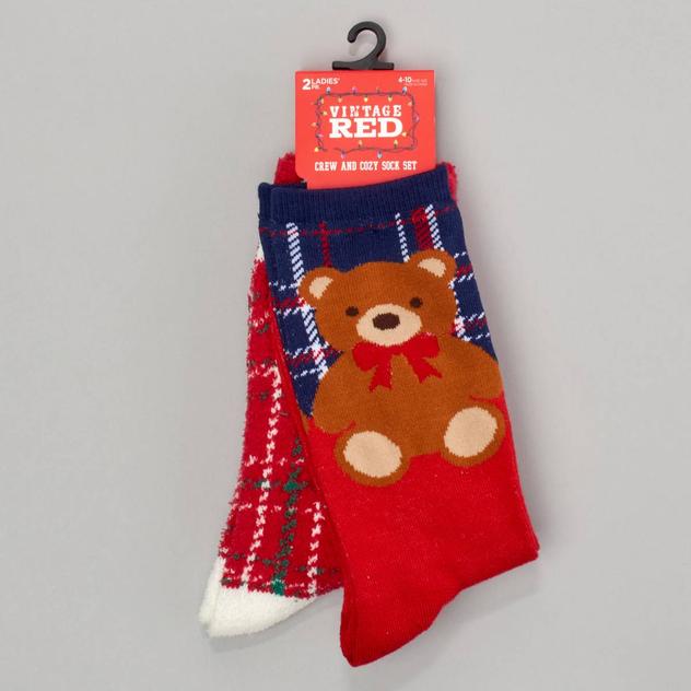 Womens Vintage Red 2Pk Teddy Bear Cozy Crew Socks