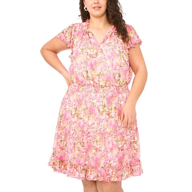 Plus Size MSK Short Sleeve Floral Smock Waist A-Line Dress