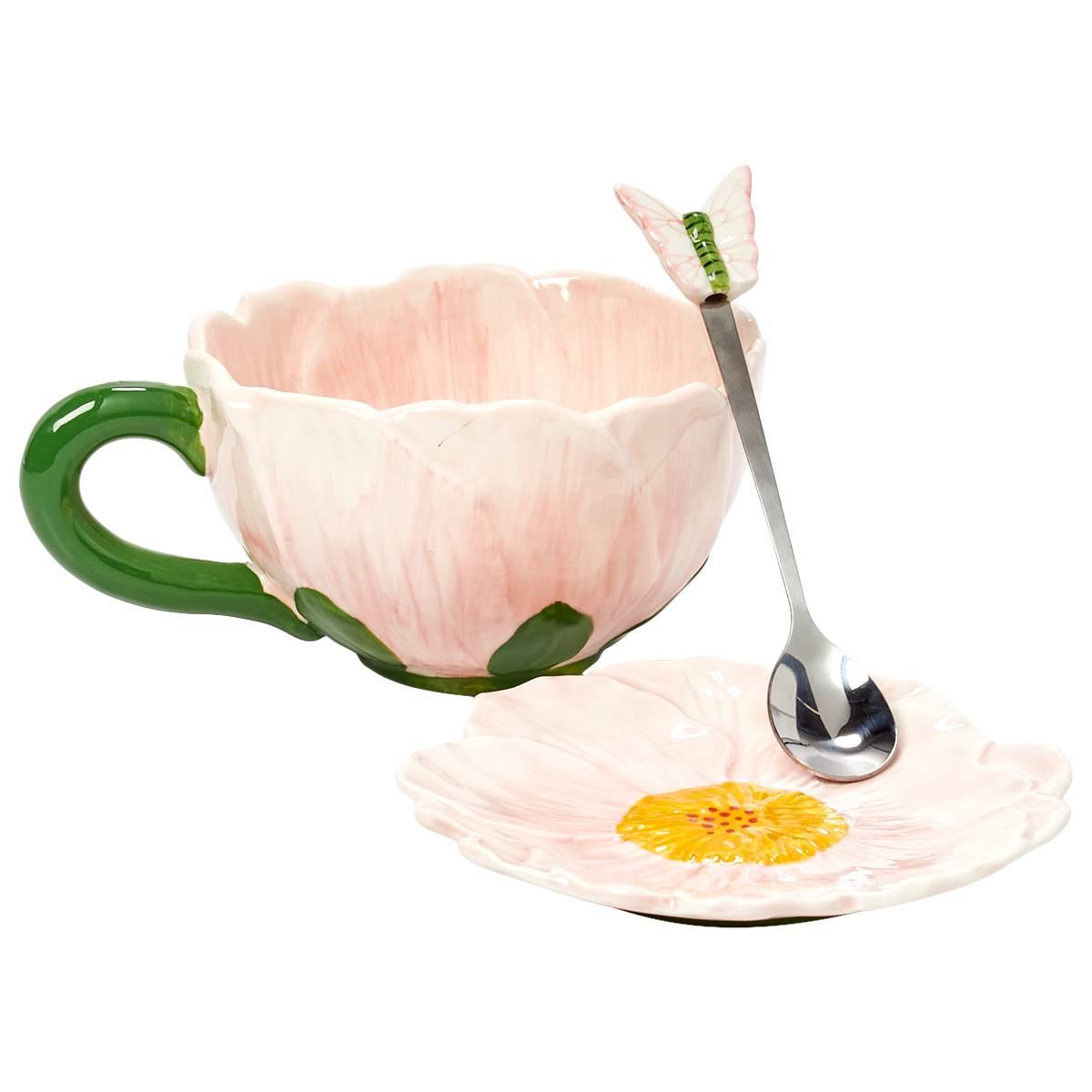 Home  Essentials 12oz. Peony Teacup/Saucer & Spoon