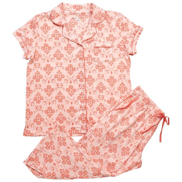 Womens White Orchid Floral Short Sleeve Notch Collar Pajama Set