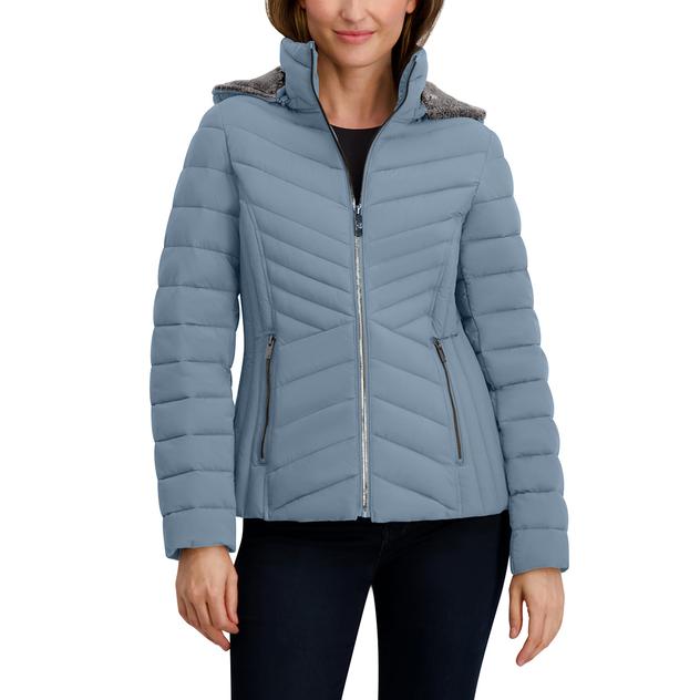 Womens Nautica Short Stretch Puffer Jacket w/Faux Fur Lined Hood