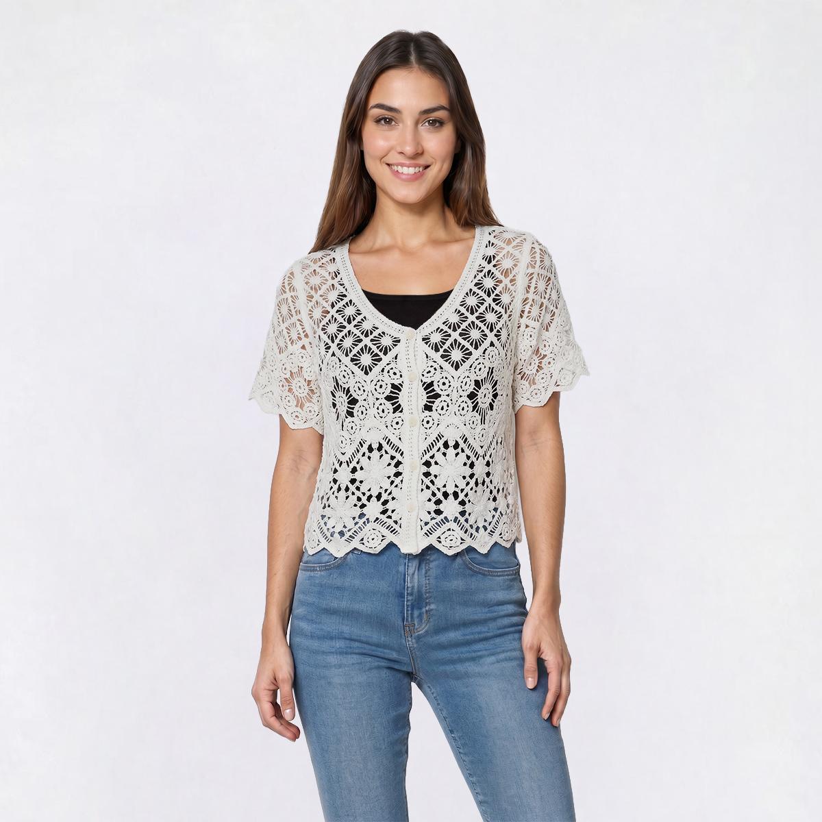 Womens Rabbit Rabbit Rabbit Crochet Button V Neck Shrug