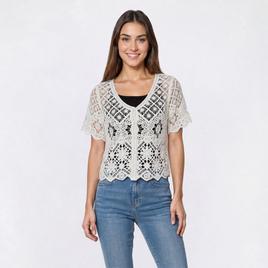 Womens Rabbit Rabbit Rabbit Crochet Button V Neck Shrug
