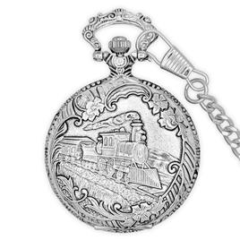 Mens Silver Alloy Engraved Train Pocket Watch - 37746