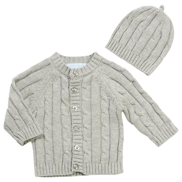 Baby Boy (NB-6M) Baby Dove Grey Knit Cardigan Sweater with Hat