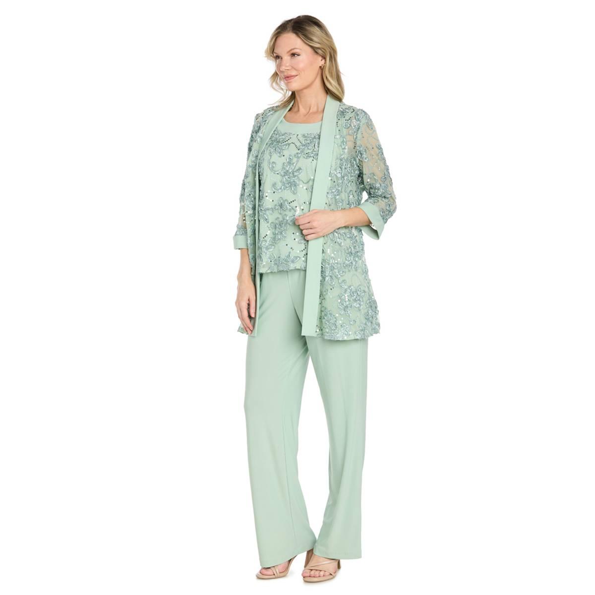 Womens R&M Richards Embroidered 3 Piece Pant Set