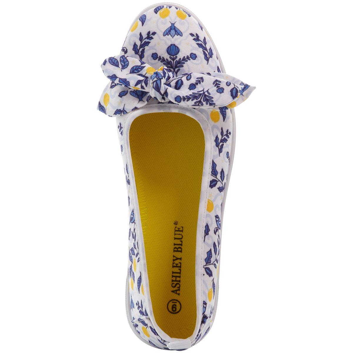 Womens Ashley Blue Floral and Birds Canvas With Bow Slip On Flats
