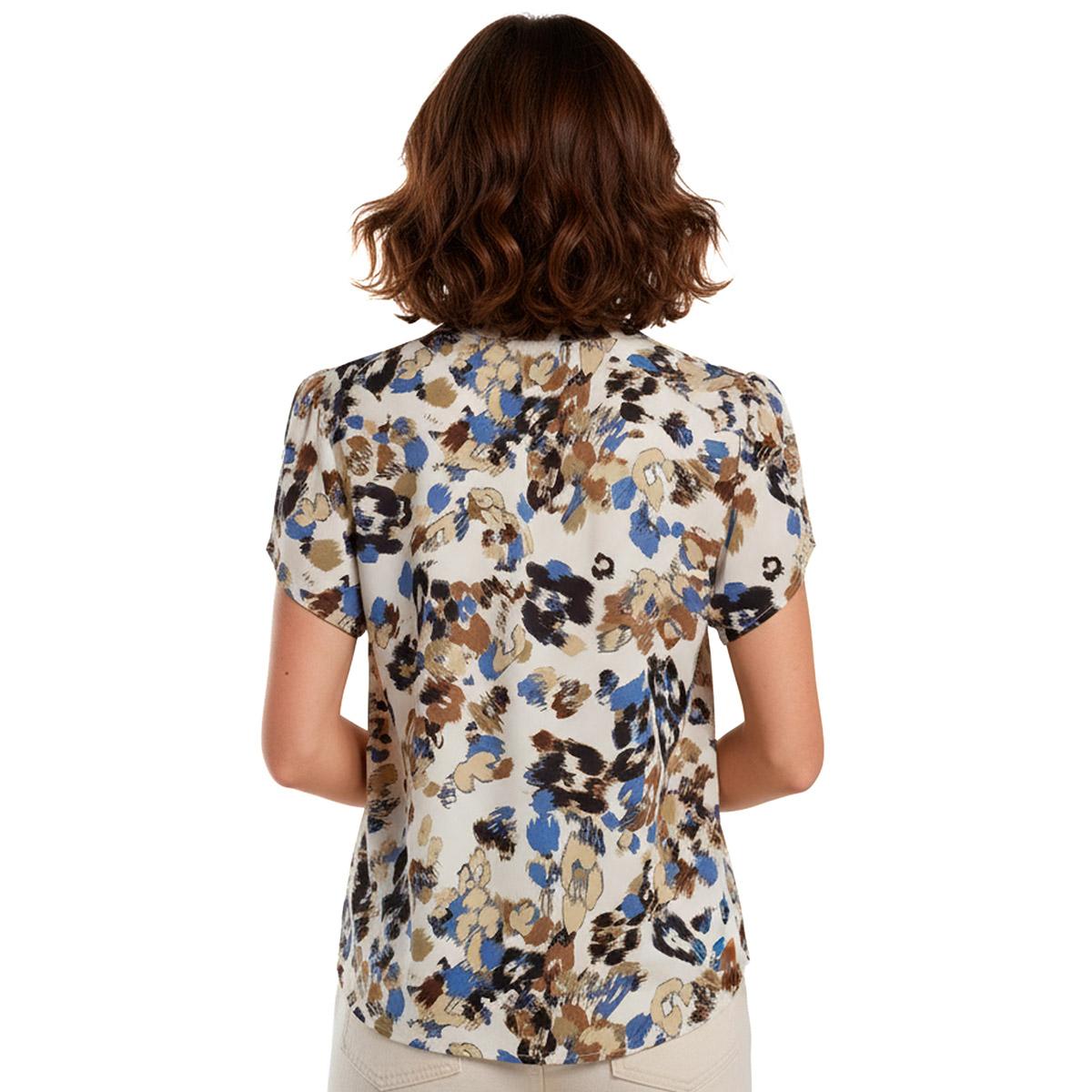 Womens AK Anne Klein Tulip Sleeve Split Neck Blur Abstract Blouse