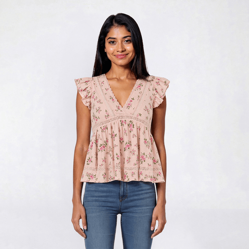 Juniors Self Esteem Flutter Sleeve V-Neck Lace Trim Blouse