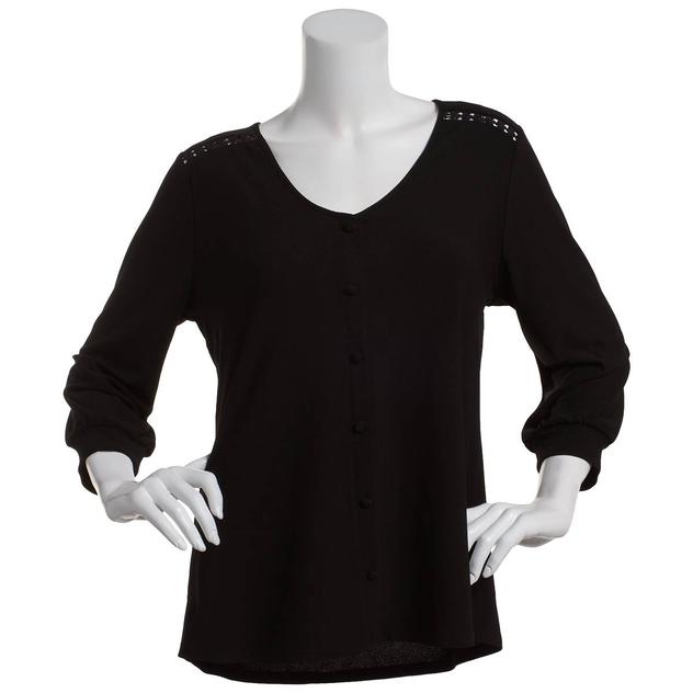 Womens 89th & Madison 3/4 Sleeve V-Neck Shoulder Trim Blouse
