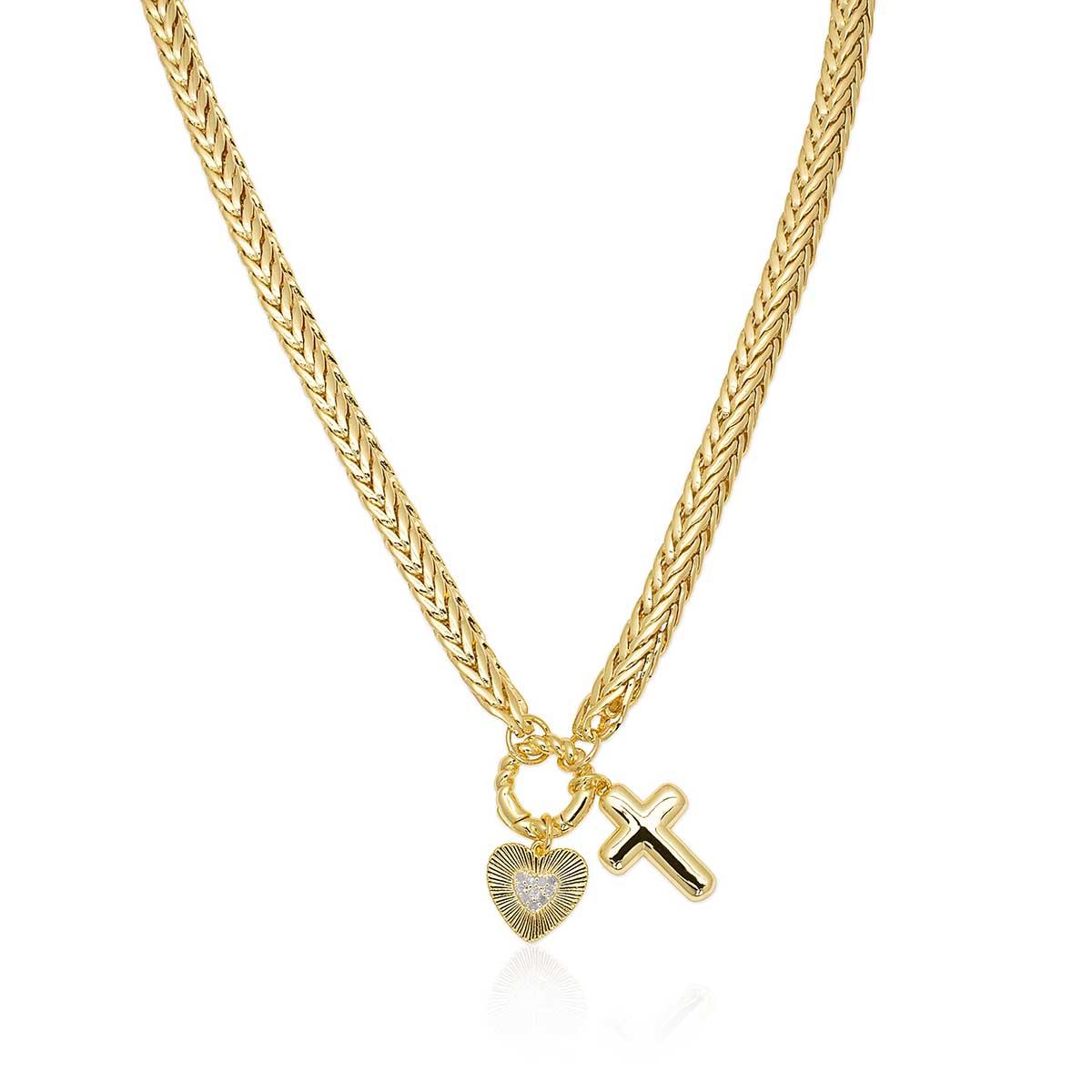 Gianni Argento Gold Plated Diamond Puff Cross & Heart Necklace