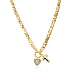 Gianni Argento Gold Plated Diamond Puff Cross & Heart Necklace