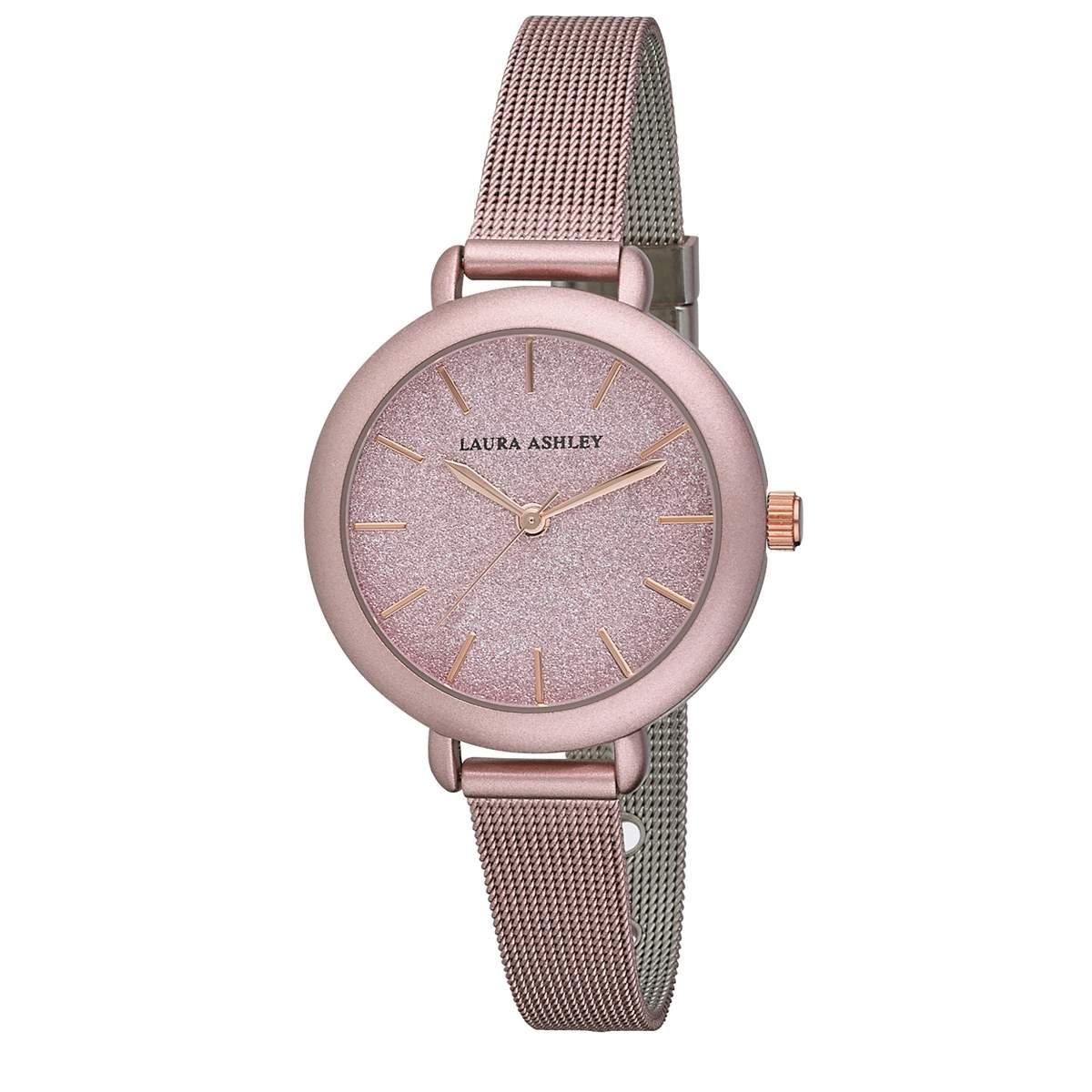 Womens Laura Ashley(R) Pink Glitz Dial Spray Mesh Watch - LA31069PK