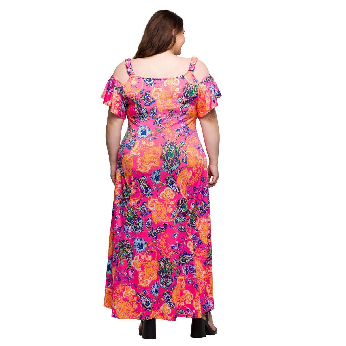 Plus Size 24/7 Comfort Apparel Paisley Cold Shoulder Maxi Dress