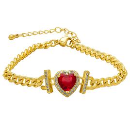 14kt. Gold Plated & Red CZ Heart Cuban Chain Bracelet