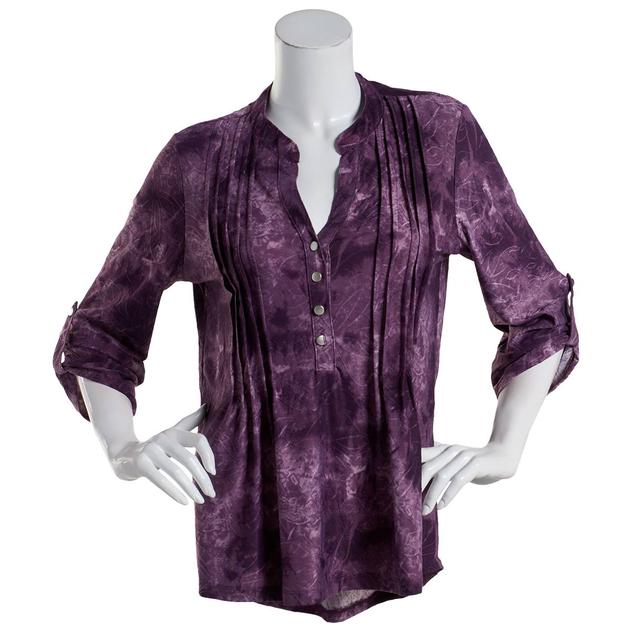 Petite Notations 3/4 Sleeve Tie Dye Knit Henley Blouse