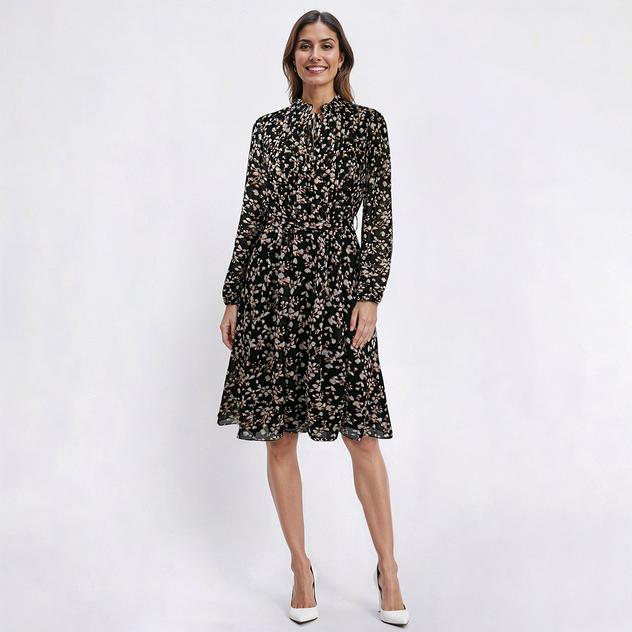 Womens MSK Long Sleeve Floral Chiffon Ruffle Trim A-Line Dress