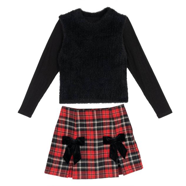 Girls (7-12) Tween Diva 3pc. Eyelash Sweater Vest & Plaid Skort