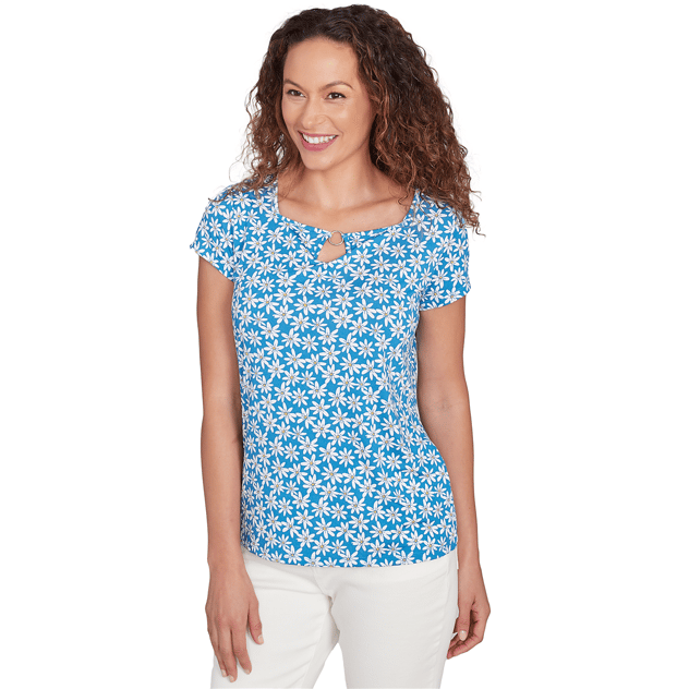 Womens Emaline Key Items Short Sleeve Daisies Keyhole Neck Tee
