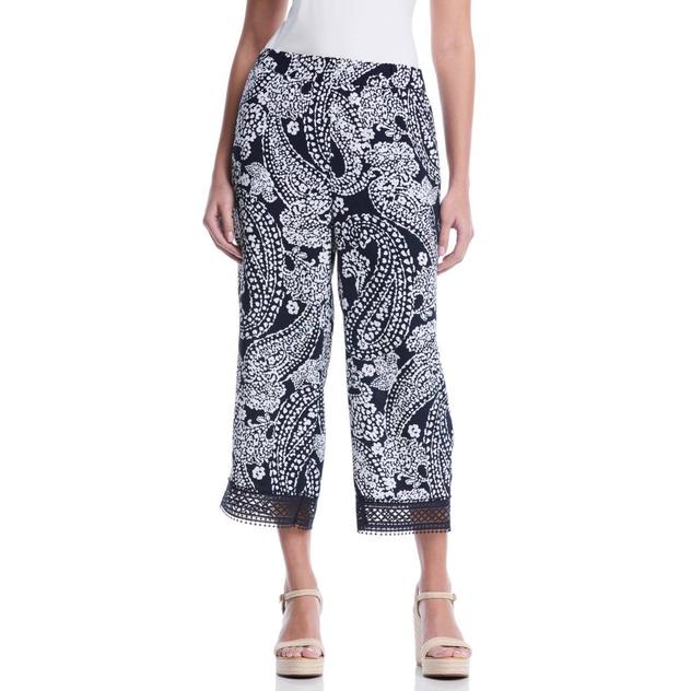 Petite Rafaella® Crochet Trim Paisley Wide Leg Pants