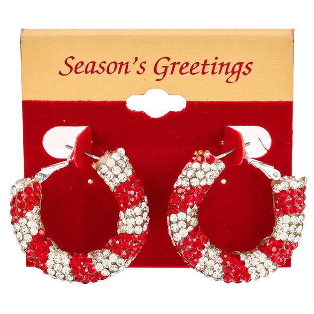 Silver & Red Stripe Glitz Hoop Earrings