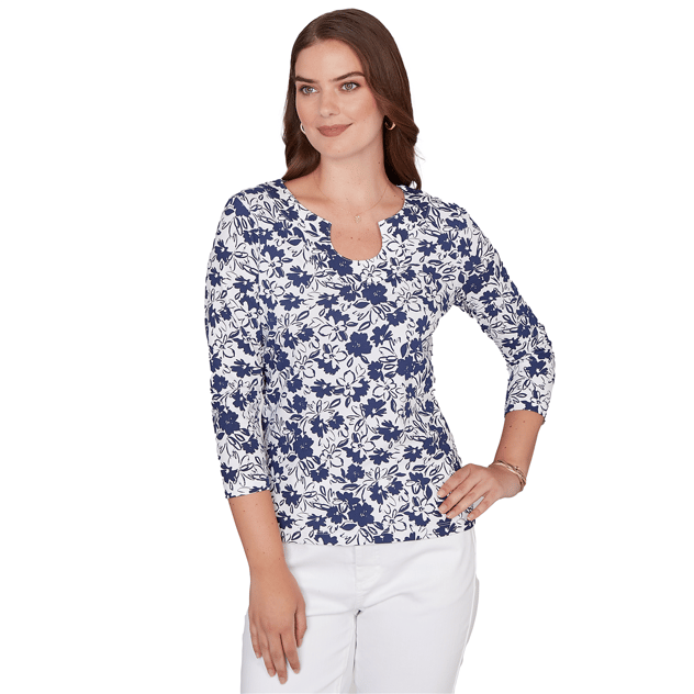 Petite Hearts of Palm Printed Essentials Horseshoe Neck Blouse
