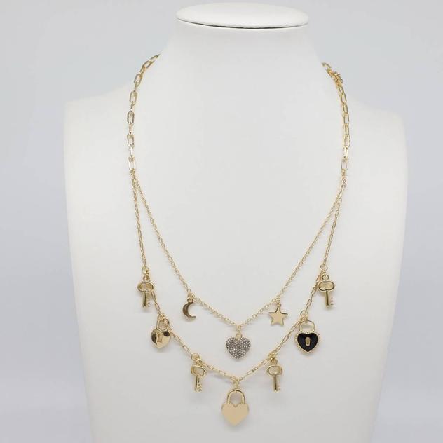 Ashley Two Row Heart & Key Charm Layered Necklace