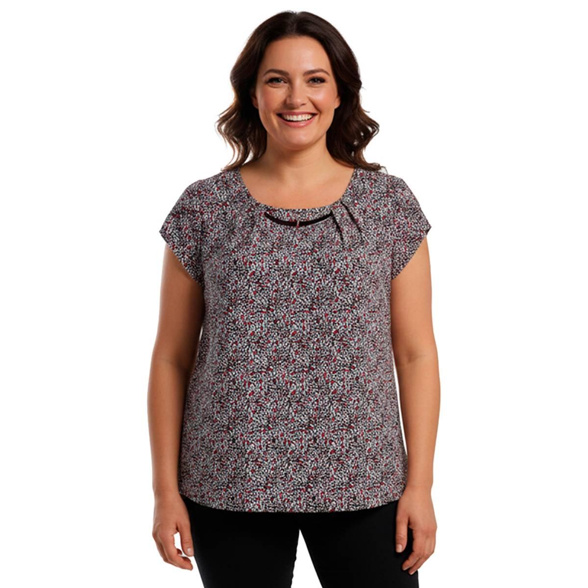 Plus Size Notations Tulip Sleeve Bar Neck Abstract Blouse