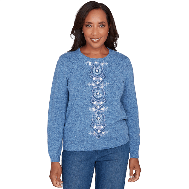 Petite Alfred Dunner Hilton Head Medallion Embroidery Sweater