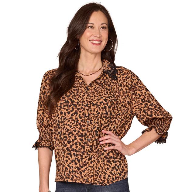 Plus Size Democracy Puff Sleeve Cheetah Embroidery Blouse
