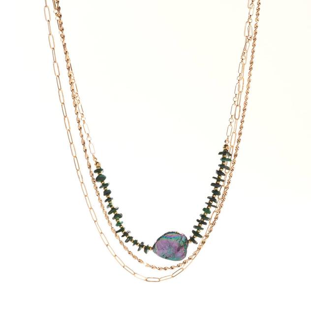 Ashley Cooper™ Gold-Tone Abalone Teal & Gold Bead 3-Row Necklace