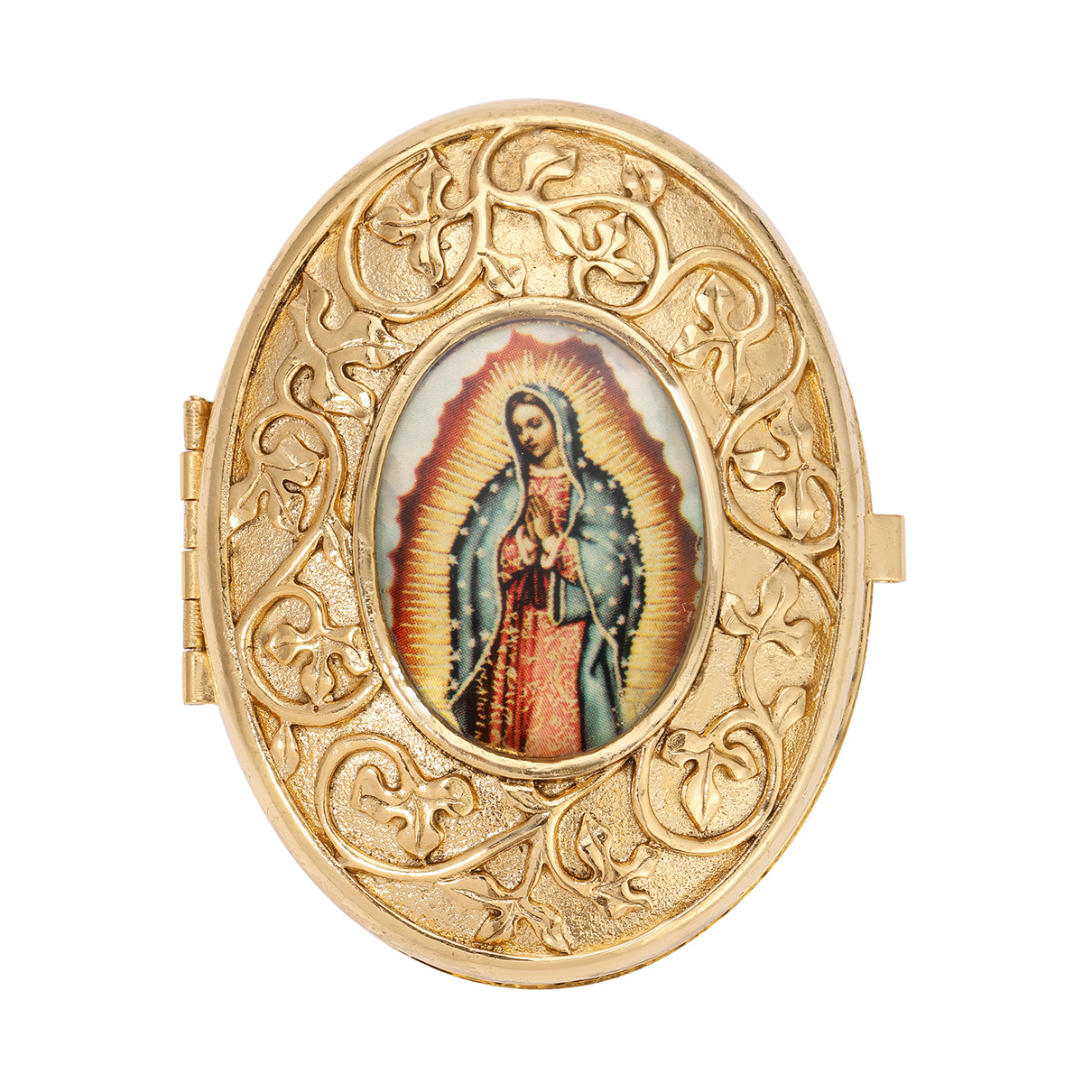Symbols of Faith Gold Tone Our Lady of Guadalupe Oval Pill Box