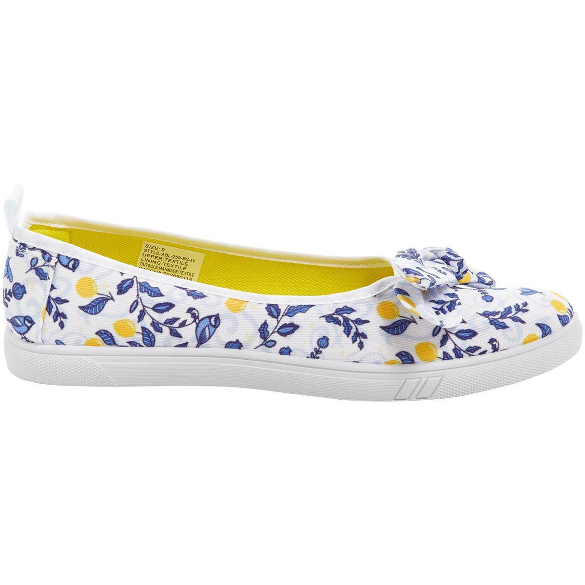Womens Ashley Blue Floral and Birds Canvas With Bow Slip On Flats