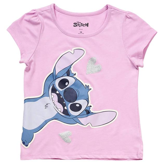 Girls (7-12) Disney Stitch Short Sleeve Glitter Heart Graphic Tee
