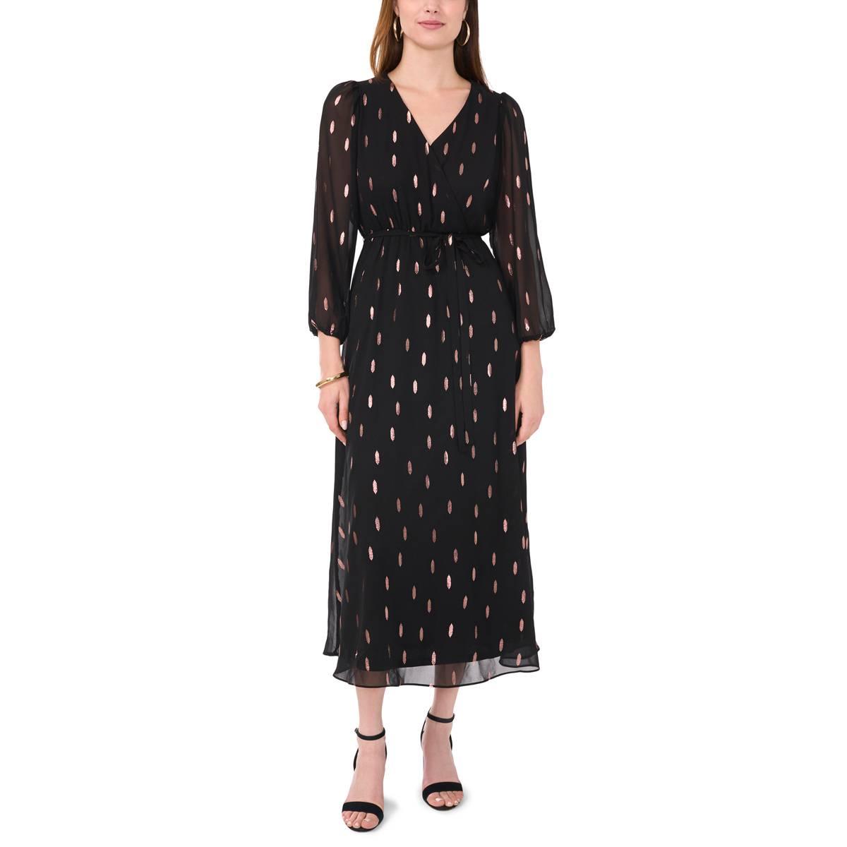 Womens MSK Long Sleeve Foil Print V Neck Midi Dress