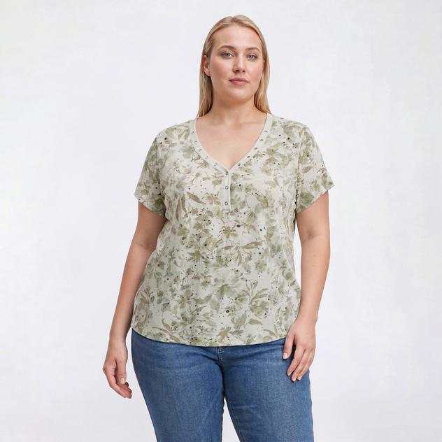 Plus Size Tru Self Short Sleeve Snap Button Henley Floral Tee