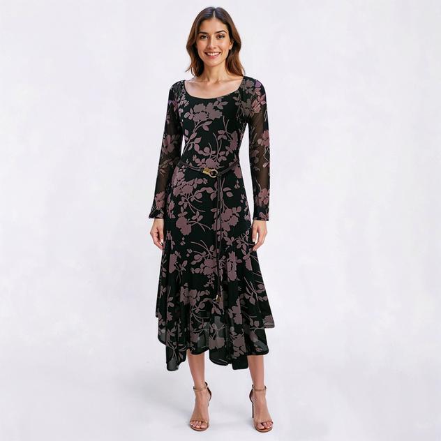 Womens Harlow & Rose Long Sleeve Belted Floral Midi Dress