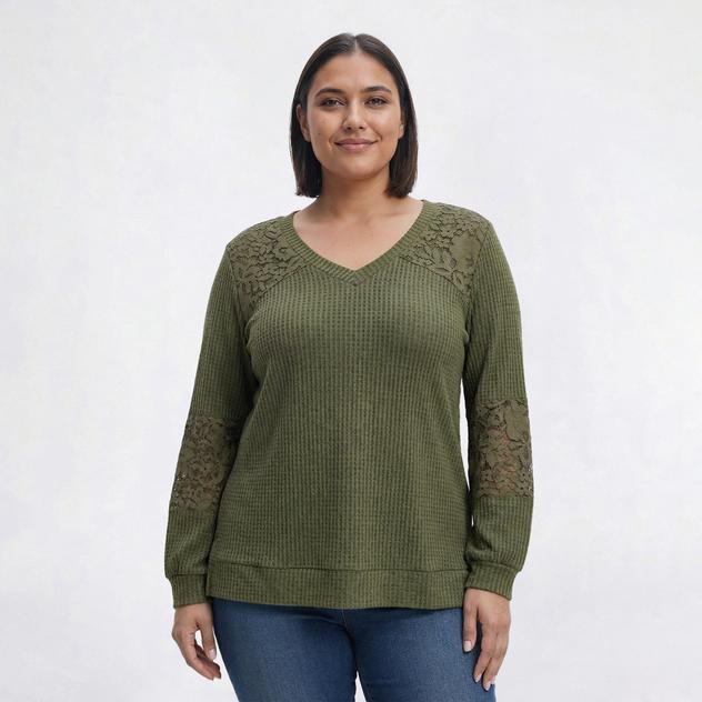 Womens Absolutely Famous V Neck Lace Brushed Waffle Blouse
