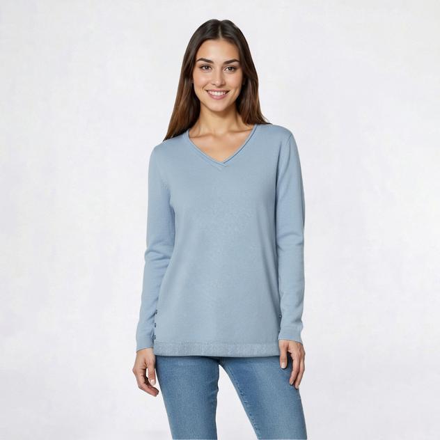 Womens Tint & Shadow Long Sleeve V Neck Button Side Slit Sweater