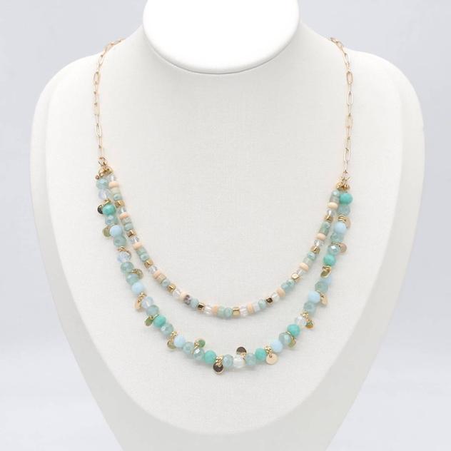 Ashley Cooper™ Gold Aqua 2 Row Bead Necklace