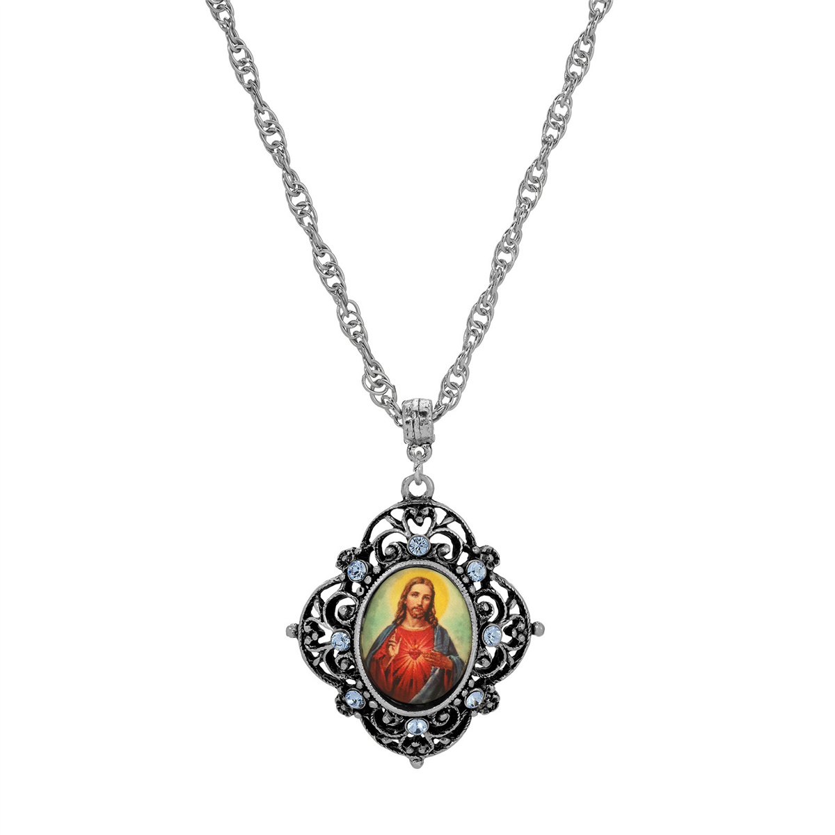 Symbols of Faith Silver Tone Oval Jesus Decal Pendant Necklace