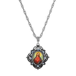 Symbols of Faith Silver Tone Oval Jesus Decal Pendant Necklace
