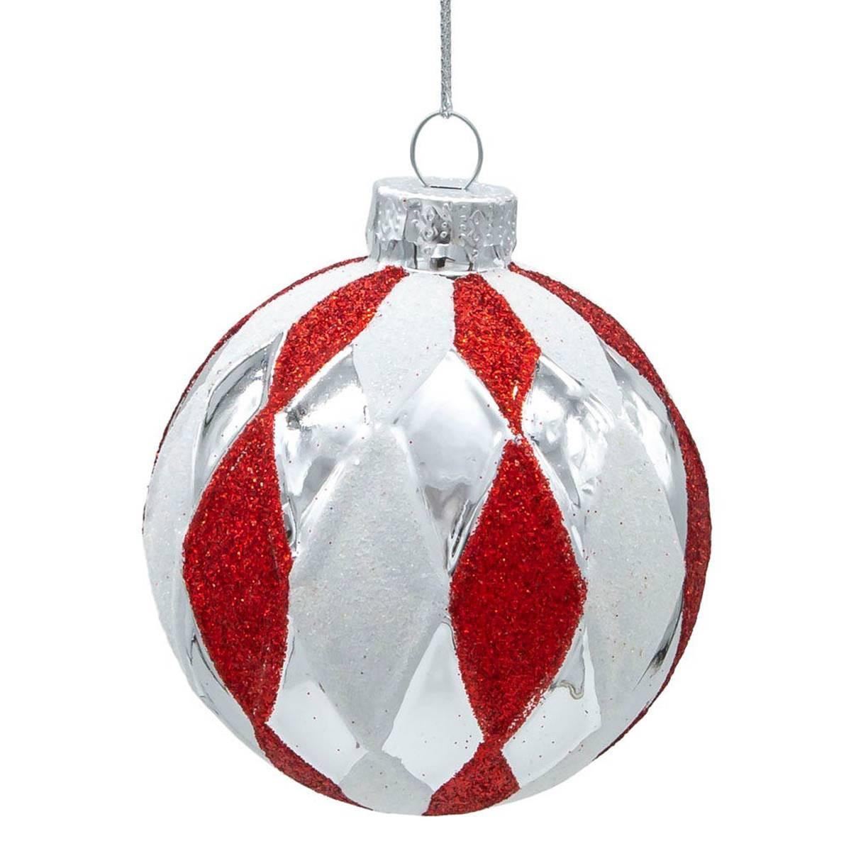 Kurt Adler 80mm Glass Red, White & Silver 6pc.Ball Ornament