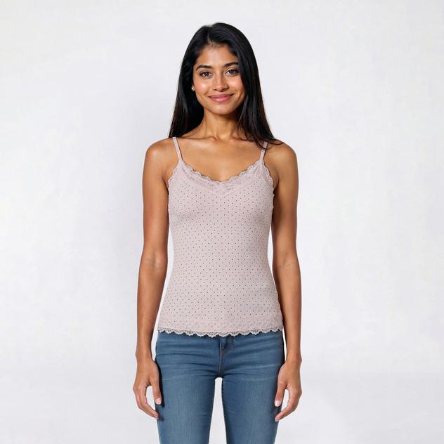 Juniors Pink Rose Ribbed Lace Trim Long Camisole w/ Dots - Pink