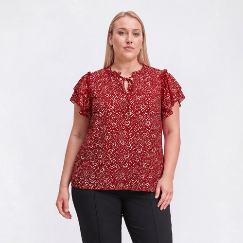 Plus Size NY Collection Flutter Sleeve Heart Dot Tie Neck Blouse