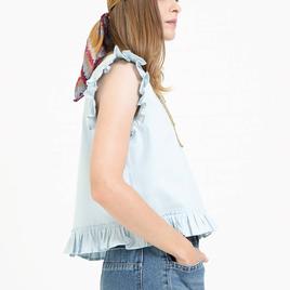 Womens MNK Ruffle Sleeve V Neck Denim Blouse