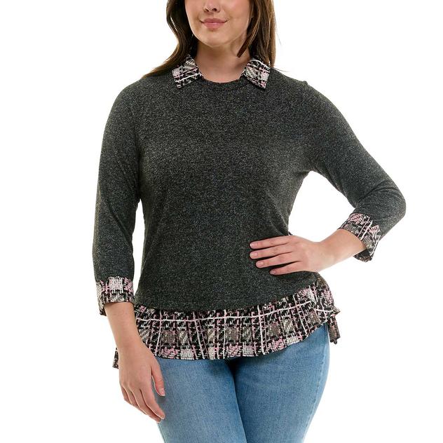 Womens Zac & Rachel 3/4 Sleeve Plaid Two in One Sweater