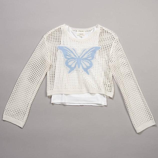 Girls (7-16) No Comment 2Fer Long Sleeve Mesh Butterfly Top/Tank