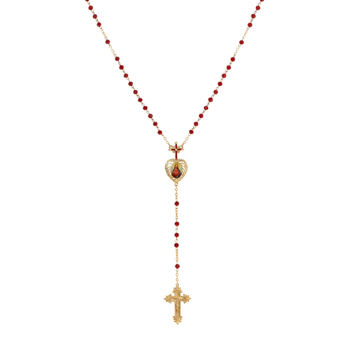 Symbols of Faith Gold Tone Red Bead Jesus Decal Rosary