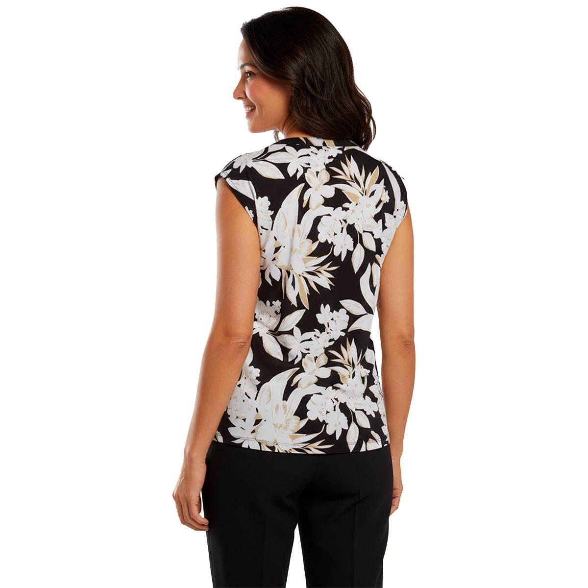 Petite AK Anne Klein Cap Sleeve Split Neck Floral Blouse